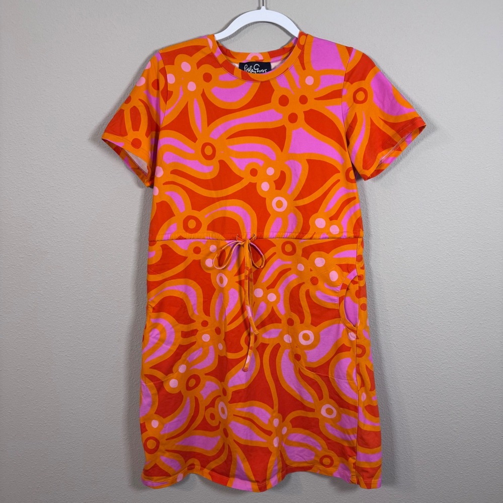 Lesley Evers Penny Retro Pink Orange Chicka Boom Pattern Drawstring Knit Dress M